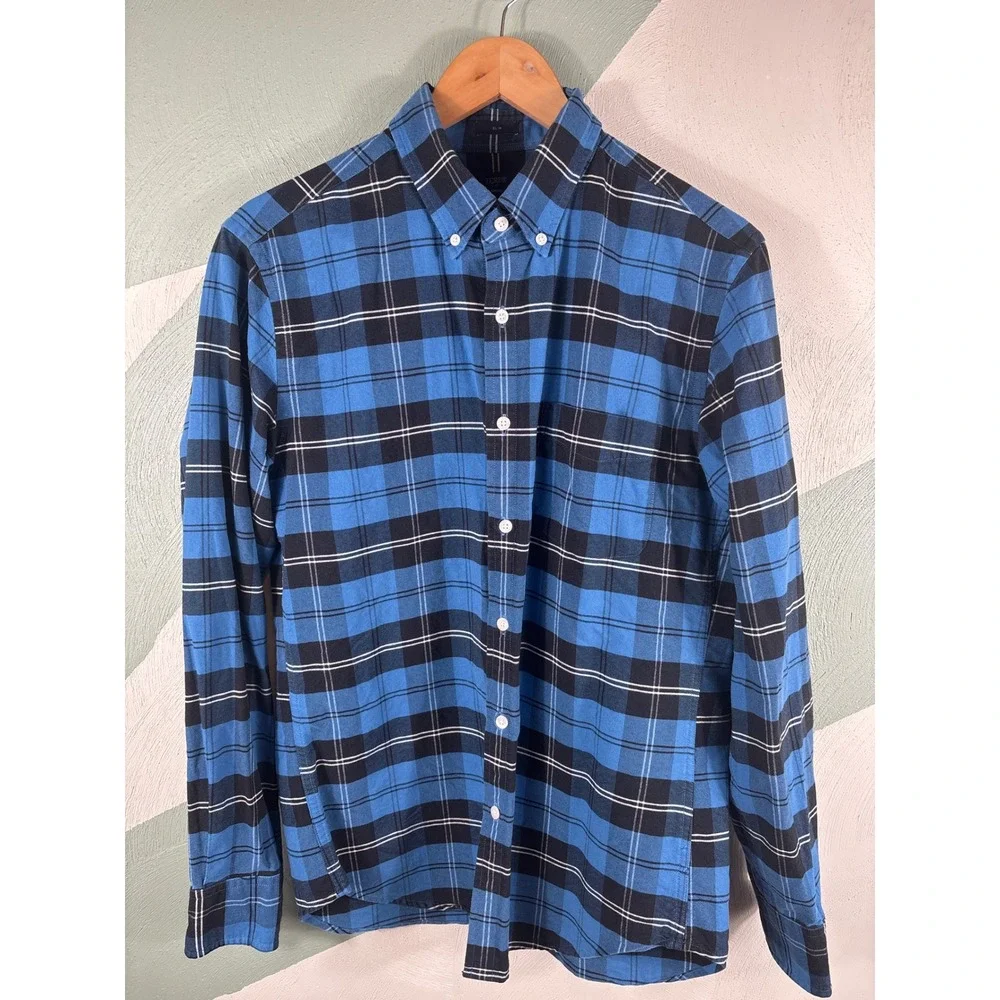 J.Crew Men's Medium Blue Plaid Cotton Button Down‎ Oxford Long Sleeve Shirt